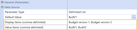 Delimited List parameter setting identifying, as Value Items, the budget members used if a corresponding display item is selected. ""